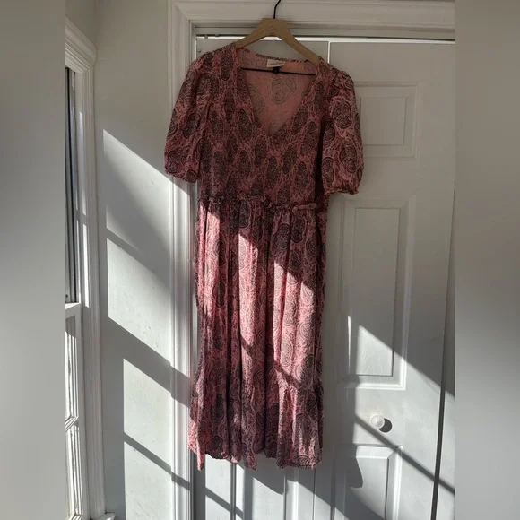 Universal Thread Coral Pink Paisley Print Puff Sleeve Midi Dress - Picture 2 of 6